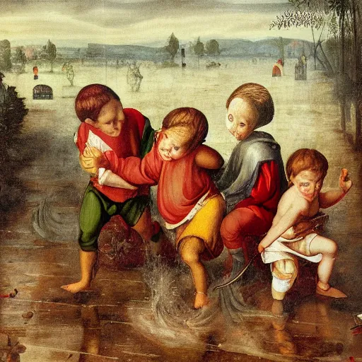 Image similar to children playing in heavy rain, painting, sharp, clear faces, highly detailed photo, style of high renaissance period