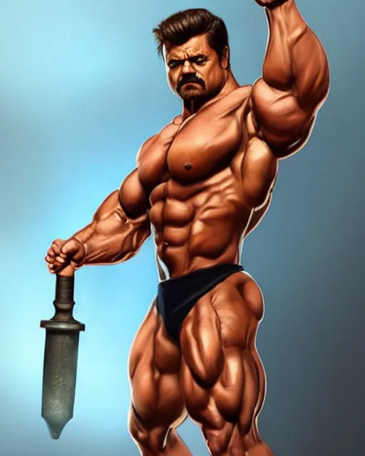 Image similar to gigachad ron swanson bodybuilder holding a hammer in final fight office by ilya kuvshinov, ernest khalimov body by krista sudmalis, fantasy character portrait, ultra realistic, concept art, intricate details, elegent, digital painting, smooth, sharp focus, illustration, art by artgerm and greg rutkowski and alphonse mucha, artstation