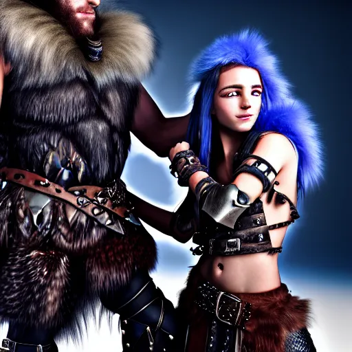 Image similar to a male DND barbarian wearing leather armor and fur holding a small blue-skinned Triton girl with black hair, high resolution film still, 4k, HDR colors