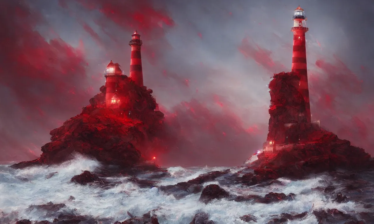 Prompt: a beautiful painting of a lighthouse surrounded by a violent tumultuous sea of red blood by John Blanche and Greg Rutkowski, trending on Artstation, midjourney