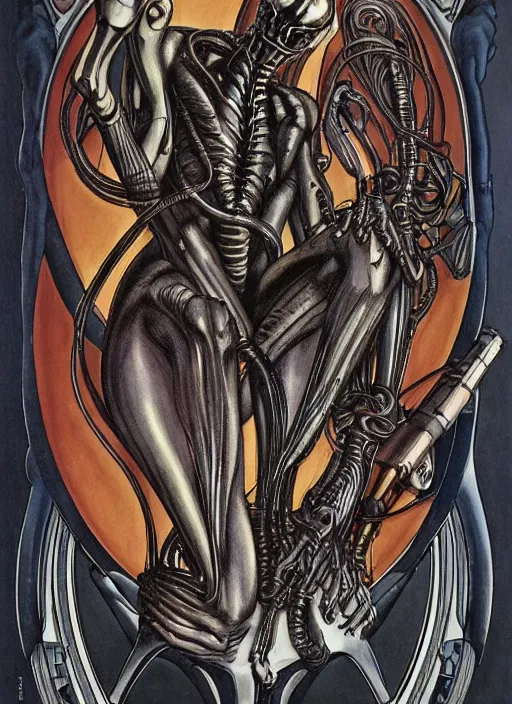 Image similar to a copic maker art nouveau portrait of a xenomorph by norman rockwell and giger