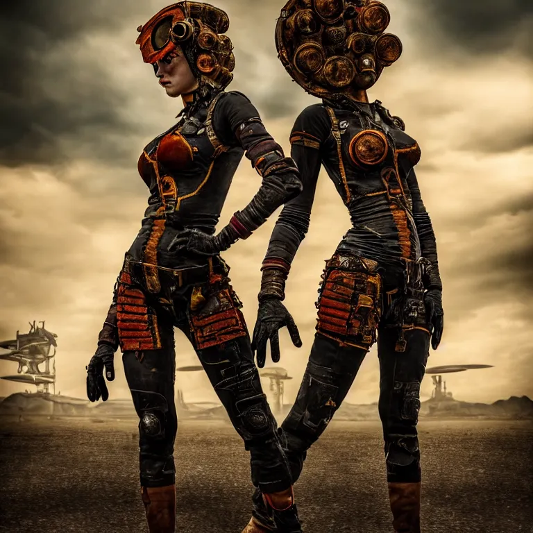 Image similar to full length photo of a very beautiful female atompunk warrior, 8 k, hdr, smooth, sharp focus, high resolution, award - winning photo