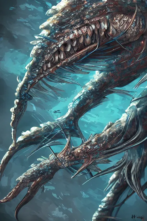 Image similar to a humanoid fish monster, highly detailed, digital art, sharp focus, trending on art station, anime art style