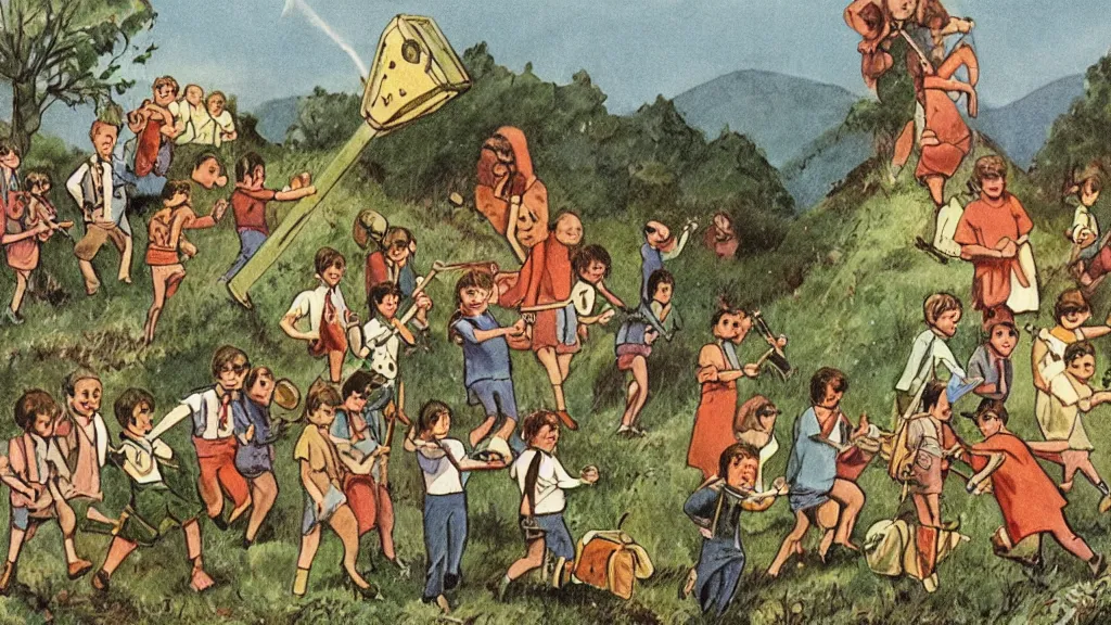 Prompt: A vintage scientific illustration from the 1970s of the Pied Piper luring hundreds of children up a hill while playing his pipe by Wes Anderson