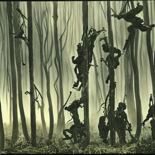 Image similar to wide shot, a squad of dead American Soldiers hung mid-air on trees, deep in the thick forest, painting, colored, eerie, Lovecraftian, eldritch horror, 1967