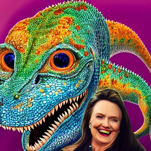 Image similar to president hilary clintonas a smiling laughing bright orange lizard person with bumpy dinosaur skin, airbrush painting, hyper detailed, 8 k, photorealism, rule of thirds, glitter.