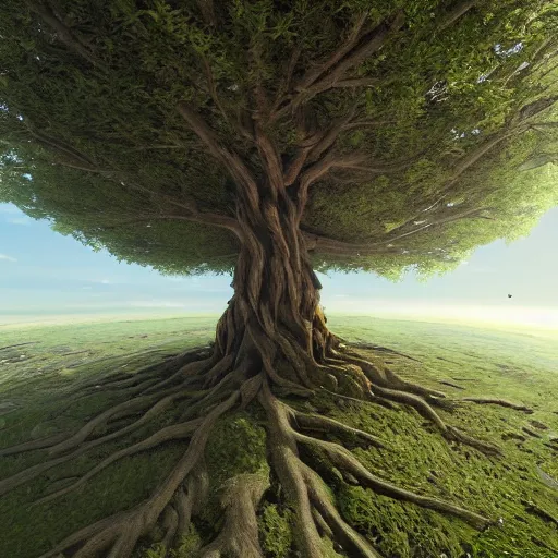 Image similar to soul tree of the earth, perfect symmetry, left side chaos, right side serenity, circular base surrounding grand tree, cinematic, ultrarealistic, intricate detail, finely detailed, small details, extra detail, high resolution, 3D, volumetric lighting, octane render, 8k, ultradetailed, photorealistic,