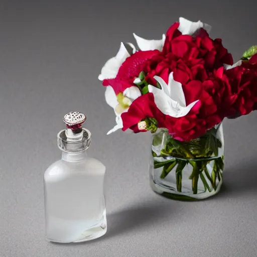 Image similar to perfume bottle sitting on a white surface surrounded by a plethora of red and white flowers, bright white realistic, up close shot, white background, zen, light, modern minimalist f 2 0