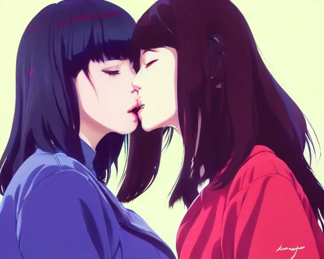 Image similar to two girls kissing | very very anime!!!, fine - face, audrey plaza, realistic shaded perfect face, fine details. anime. realistic shaded lighting poster by ilya kuvshinov katsuhiro otomo ghost - in - the - shell, magali villeneuve, artgerm, jeremy lipkin and michael garmash and rob rey