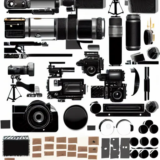 Image similar to flat lay filmmaking equipment, photorealistic, detailed, hyperreal,