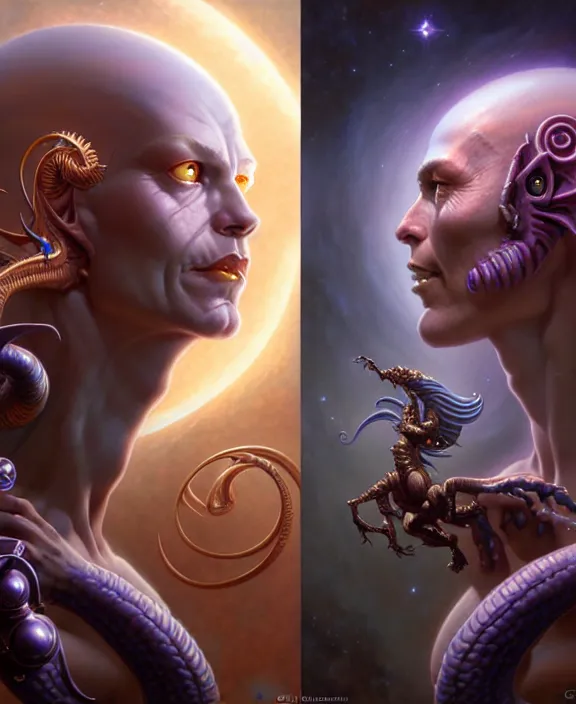 Image similar to beautiful gemini good and evil fantasy character portrait, ultra realistic, wide angle, intricate details, the fifth element artifacts, highly detailed by peter mohrbacher, hajime sorayama, wayne barlowe, boris vallejo, aaron horkey, gaston bussiere, craig mullins