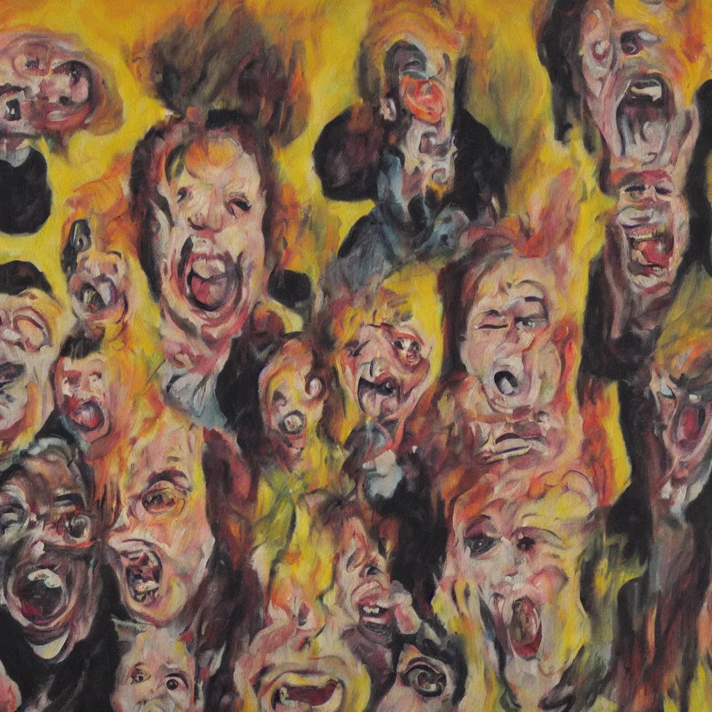 Image similar to oil painting of a family photo, screaming eyes wide shot art by francis bacon