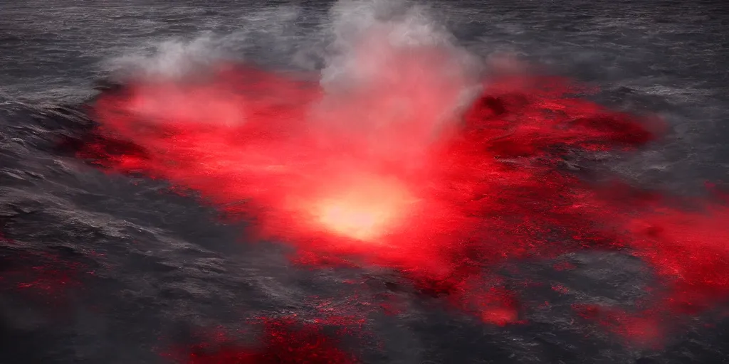 Image similar to a churning, boiling, fiery red sea with lots of smoky black and red steam, fantasy digital art, octane render, beautiful composition, trending on artstation, award-winning photograph, masterpiece