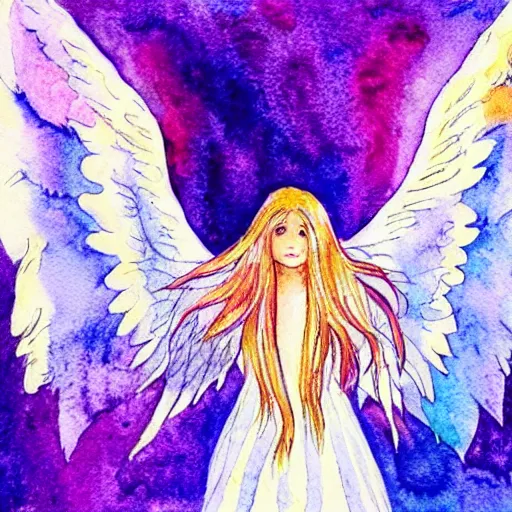 Prompt: angel with long hair to floor pen and watercolor heavenly colors ethereal surreal aesthetic