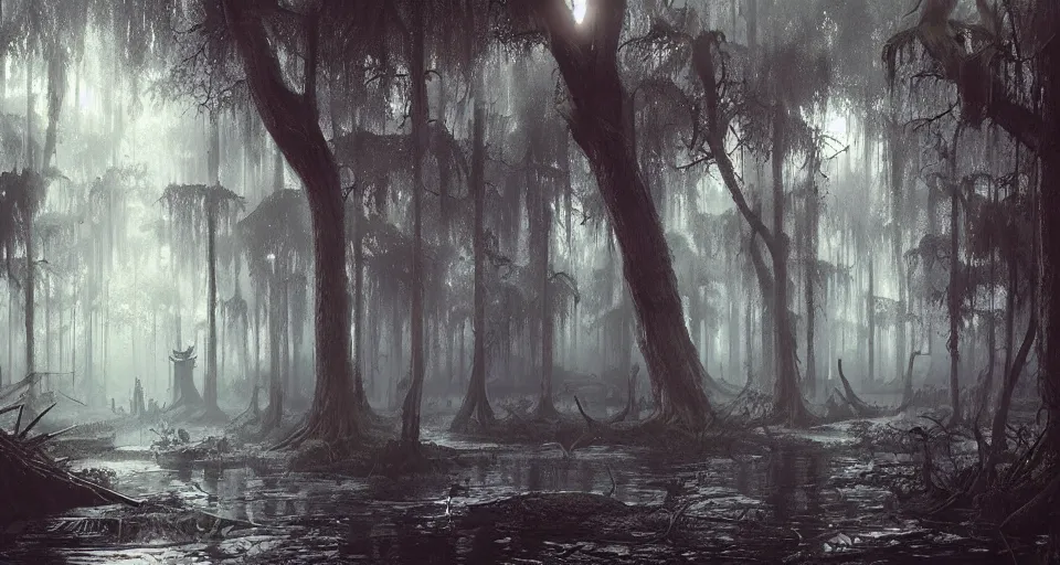 Image similar to A dense and dark enchanted forest with a swamp, by Greg Rutkowski