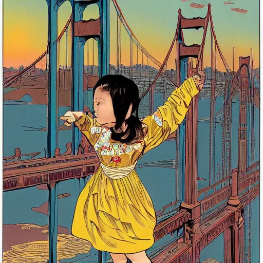 Image similar to a one quarter chinese three - quarter caucasian mixed race five - year - old girl, dressed as a ballerina, balancing on the golden gate bridge, wide shot, sunset illustration, pop art, splash painting, art by geof darrow, ashley wood, alphonse mucha