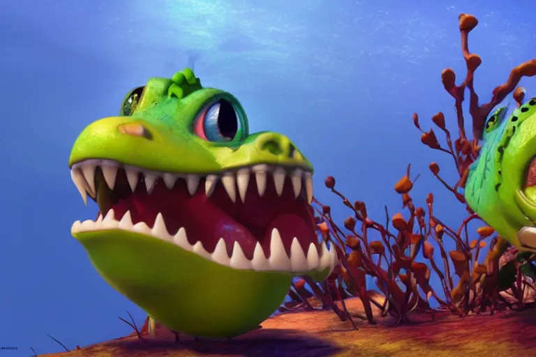 Prompt: still from pixar movie of a dragon under water, high quality 3d render, movie, Pixar, Renderman, 4k, artstation