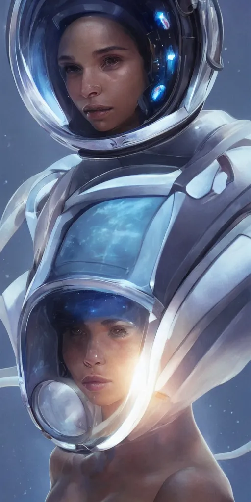 Image similar to Zoe Kravitz with short hair as a futuristic astronaut, helmet with led lights, underwater in the ocean at night, clear water, volumetric lighting, glowing lights, 4k, octane, digital painting, artstation, concept art, sharp focus, illustration, art by artgerm and greg rutkowski and alphonse mucha , wide angle view,