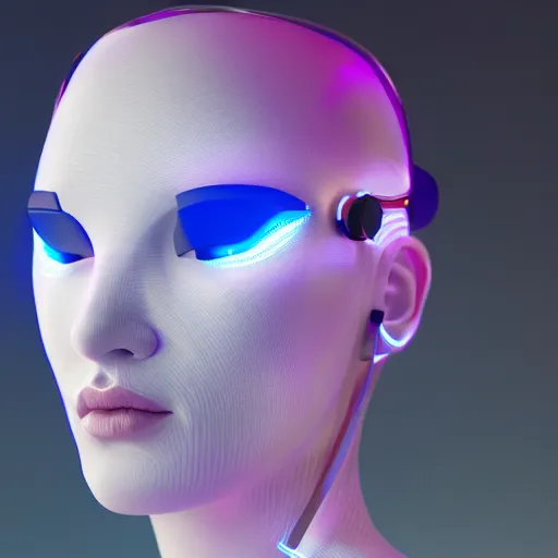 Prompt: a portrait of a female cyborg, fashion, streak lights, ligjt trail, color gel, photogtaphy, canon r 5, glowing, white background, 3 d render, unreal engine, white body suit, futuristic