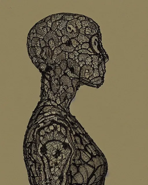 Prompt: a woman's face in profile, made of intricate lace skeleton, in the style of the dutch masters and gregory crewdson, dark and moody