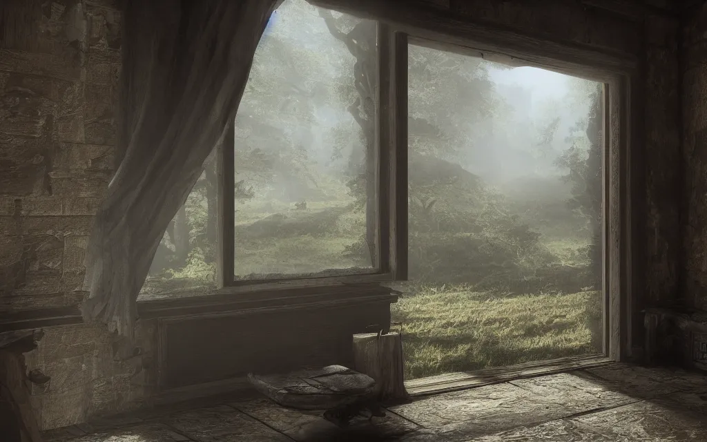 Image similar to atmospheric, mist, epic, photorealistic, realistic, rule of thirds, extremely detailed, 4 k, 8 k, unreal engine 5 render, rim lighting, rtx, ray traced lighting, shot on 3 5 mm, film grain, looking through a window frame