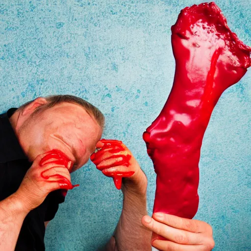 Image similar to man eat his own leg with pink ketchup