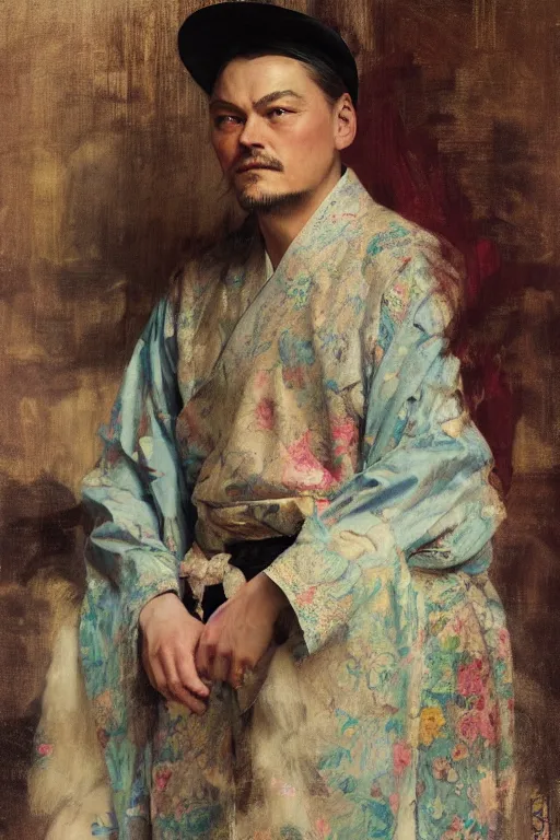 Prompt: di caprio by Solomon Joseph Solomon and Richard Schmid and Jeremy Lipking victorian genre painting full length portrait painting of 张国荣 in traditional costume