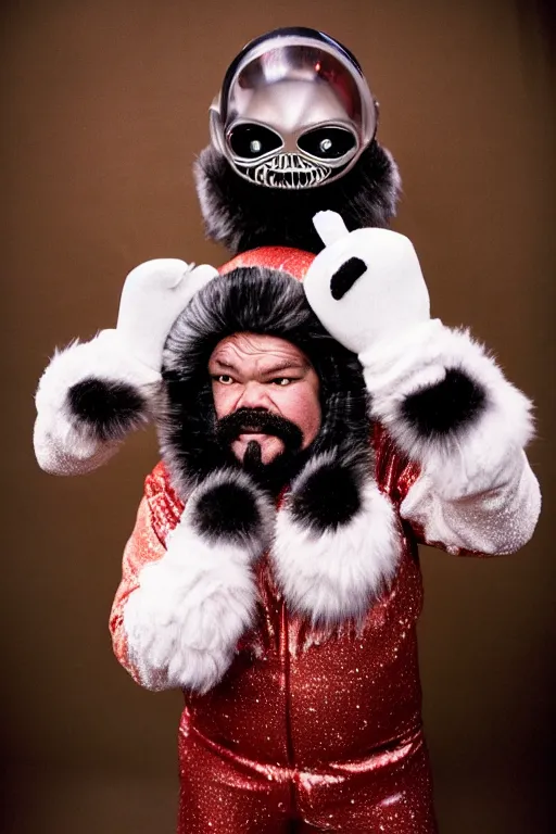 Prompt: 1 8 mm f 1 6 wide shot full body portrait photography of a crazy man wearing fur mittens who looks like a mix of lou diamond phillips and jack black wearing a retro alien invasion movie costume from the 1 9 6 0 s, photo by gregory crewdson