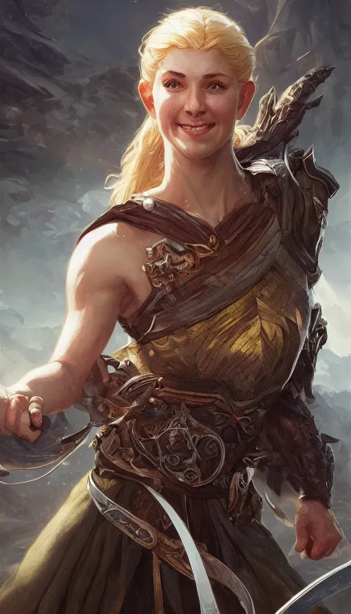 Image similar to young, energetic, smiling, confident, fit, warhammer, lord of the rings, sweaty, strong, intricate, highly detailed, digital painting, artstation, concept art, smooth, sharp focus, illustration, unreal engine 5, 8 k, art by artgerm and greg rutkowski and alphonse mucha