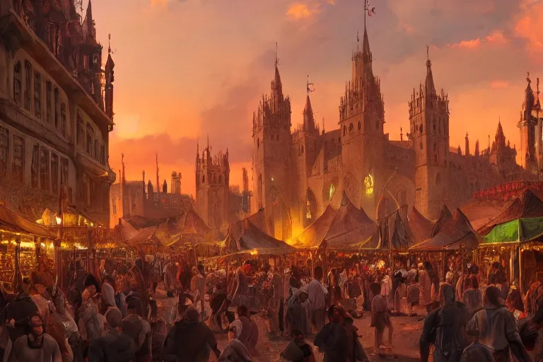 Image similar to crowded medieval market, sunset, cinematic, Artstation