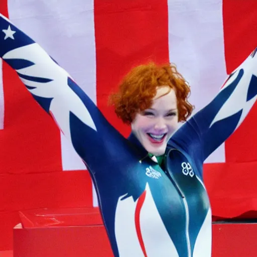 Image similar to christina hendricks as olympic swimmer wining gold medal,