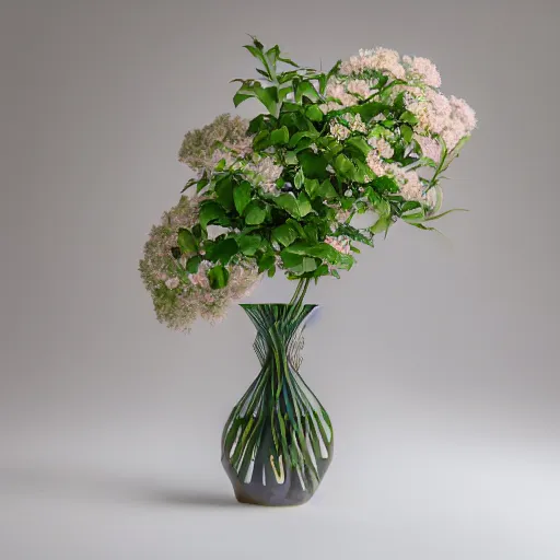 Image similar to a photo of 8k Ikebana in flower vase, ikenobo, ohararyu, sougetsu, wide angle, full body, sony a7r3, ultra detail, photorealistic, in simple background