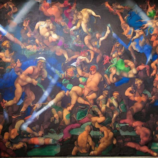 Image similar to a michelangelo mural of rave party