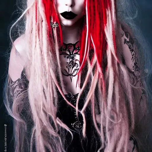 Image similar to kerli koiv flawless beautiful gothic with blonde and red dreadlocks in a black ballgown, dark, piercing clear eyes, exotic expression, photorealistic, highly detailed, mysterious lighting, smooth, sharp focus, 8 0 mm camera