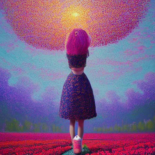 Image similar to large flower as a face, girl standing in a flower field, surreal photography, big trees, sunrise dramatic light, impressionist painting, colorful clouds, digital painting, pointillism, artstation, simon stalenhag