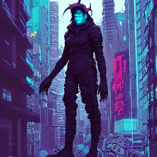 Prompt: A cyberpunk demon cyborg on the street of a cyberpunk city art by Josan Gonzalez, sci-fi, highly detailed, digital painting, artstation, smooth, sharp focus, illustration, concept art by Josan Gonzalez and James Gurney and Mœbius