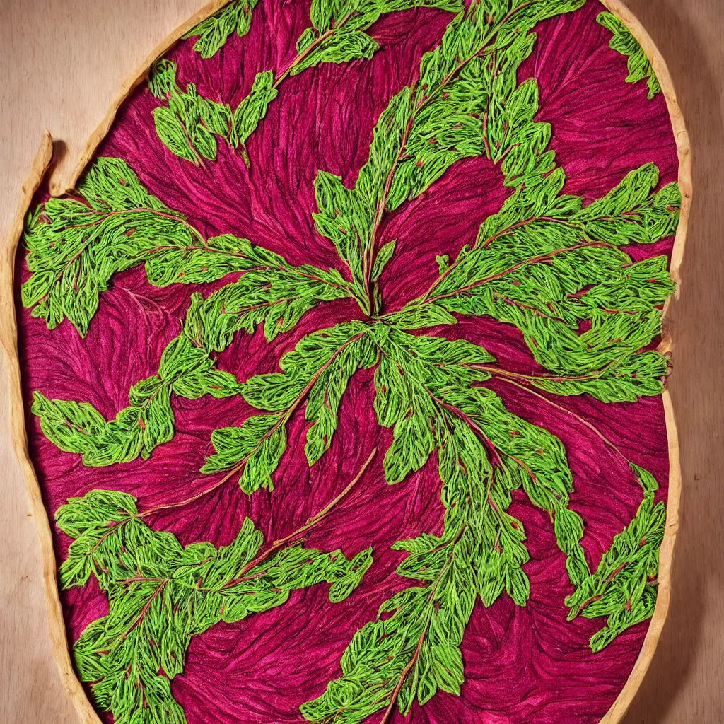 Prompt: embroidered giant cut beetroot, creating large spiral with embroidered leaves and fractal roots, over vivid wood table, food photography.. super detailed. masterpiece