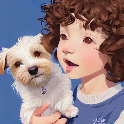 Image similar to cute little girl with short wavy curly light brown hair with a wire haired jack russell terrier puppy, white with brown patches over both eyes. detailed. blue background. clean cel shaded vector art by lois van baarle, artgerm, helen huang, by makoto shinkai and ilya kuvshinov, rossdraws, illustration, art by ilya kuvshinov