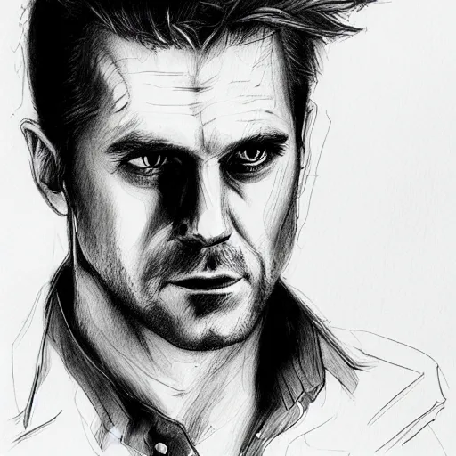 Prompt: John Constantine portrait profile, black and white sketch, cellshaded, drawn in fine-tip pen, made by WLOP, trending on artstation