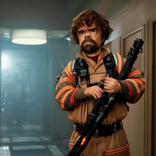 Image similar to stunning awe inspiring peter dinklage as a ghostbuster in the movie ghostbusters, movie still 8 k hdr atmospheric lighting