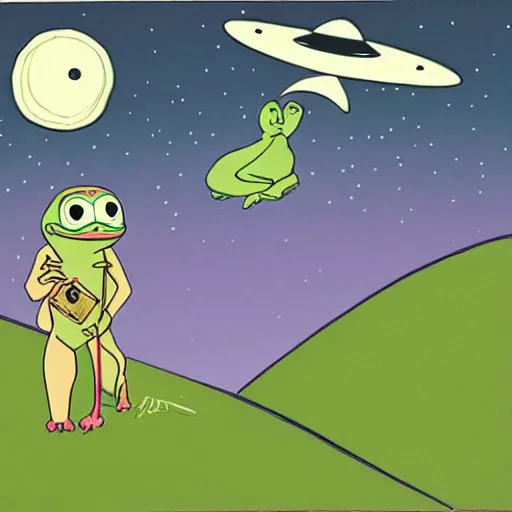 Prompt: ufo abducting pepe the frog from pasture, summer night by patrick nagel.