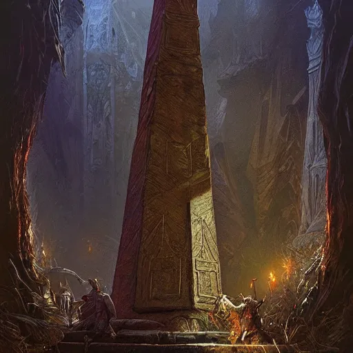 Image similar to giant stone obelisk, intricate detailed glowing engravings, D&D, Magic The Gathering, by Craig Mullins, ornate, amazonian forest, volumetric lighting