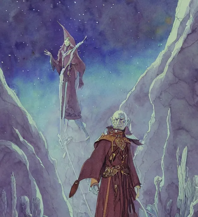 Prompt: a 3 / 4 view watercolor ink painting of an elf cleric / wizard wandering a ringworld bringing miracles in the style of jean giraud in the style of moebius trending on artstation deviantart pinterest detailed realistic hd 8 k high resolution