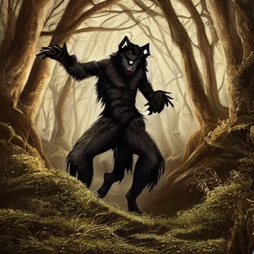 Image similar to werewolf wearing fancy clothes, featured on artstation, photograph captured in a dark forest in early 1 4 0 0 s