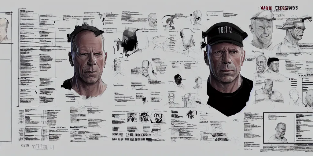 Image similar to bruce willis portrait, character sheet, concept design, contrast, kim jung gi, greg rutkowski, zabrocki, karlkka, jayison devadas, trending on artstation, 8 k, ultra wide angle, pincushion lens effect