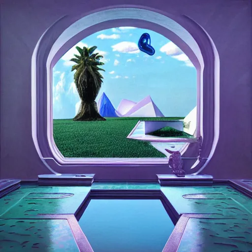 Image similar to hyperrealistic geometric objects in a surreal minimalistic 8 0's dreamscape environment by salvador dali, enormous emoji, highly detailed, 3 d render, octane, beautiful lighting, photorealistic, intricate, elegant, wayne barlowe, water, mirrors, pink doorway, beautiful, masterpiece, trending on artstation, palm tree