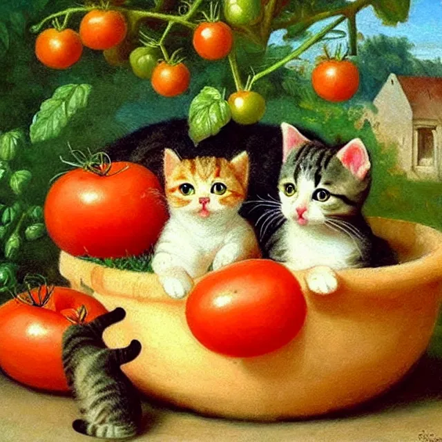 Prompt: cute cat harvests tomatoes in his garden, soft cute colors, classical painting, nice art, soft brush