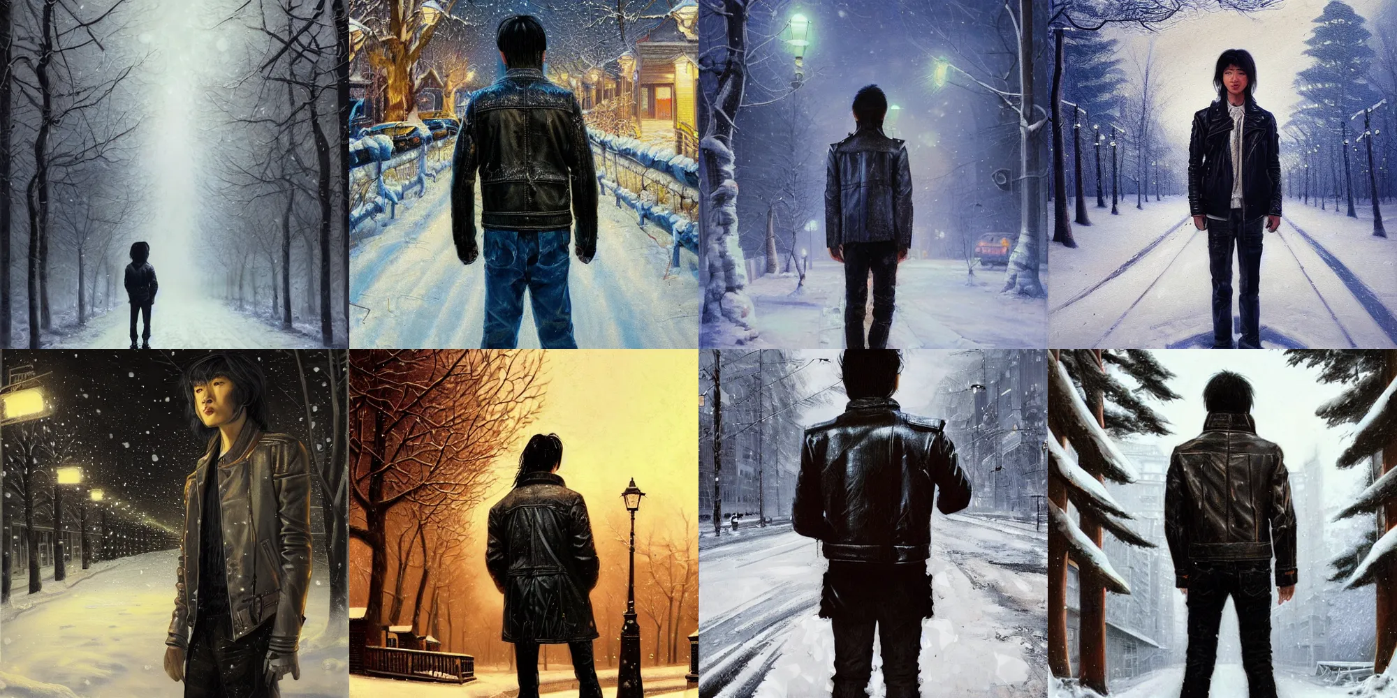 Prompt: beautiful snow - covered victor tsoi korean young man from back standing on alley with street lamps in park with pines, dressed in leather jacket, night, 1 9 8 0 s mullet long haircut, half - length portrait, perfect symmetrical eyes, cinematic by peter mohrbacher, detailed, hyperrealism, igla