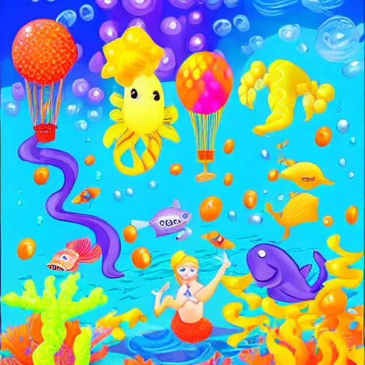 Prompt: balloon animals, under the sea, little mermaid magical kingdom, digital art