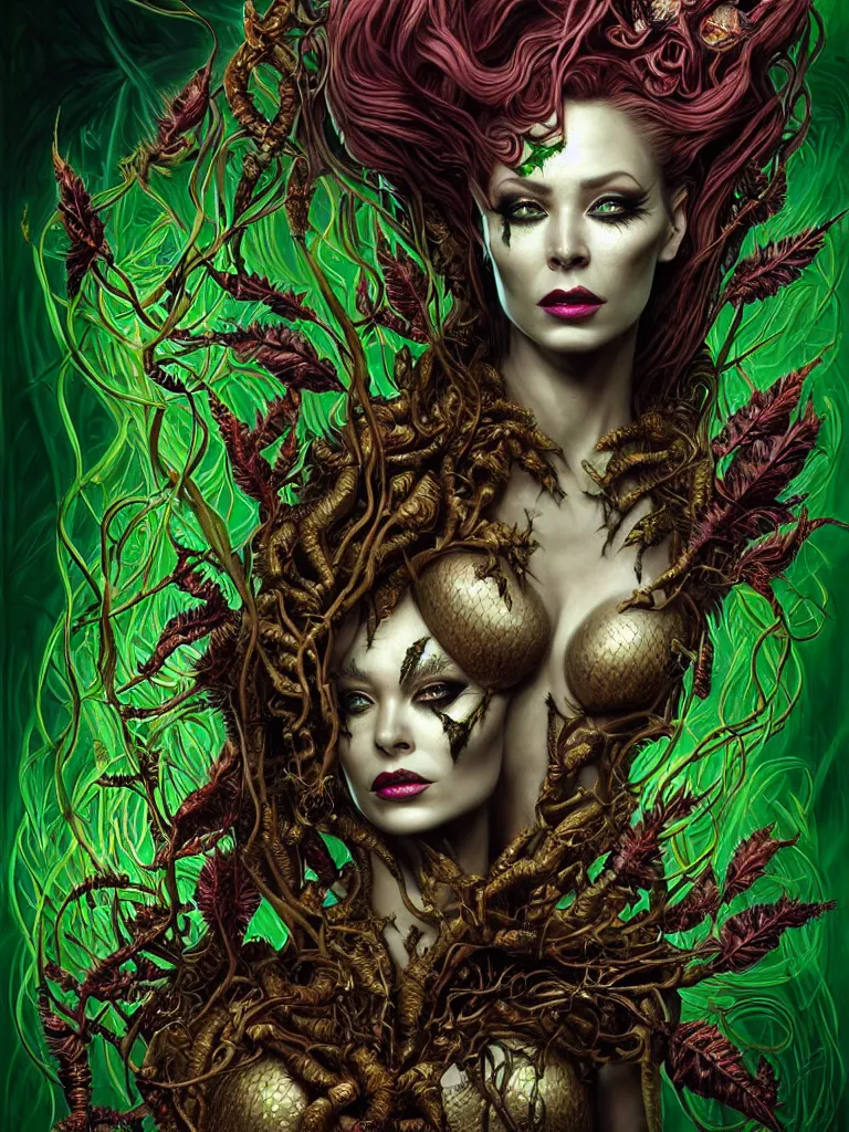 Image similar to cinematic fullbody portrait. complex hyper-maximalist overdetailed cinematic cosmic scifi portrait of an elegant very attractive but wild and dangerous reptilian goddess by andrei riabovitchev, tomasz alen kopera, oleksandra shchaslyva. Omnious intricate. Secessionist portrait illustration. Poison goddes. Slightly Reminds to poison ivy. Focus on face. Artstation. Deviantart. 8k 4k 64megapixel. Rendered by binx.ly.